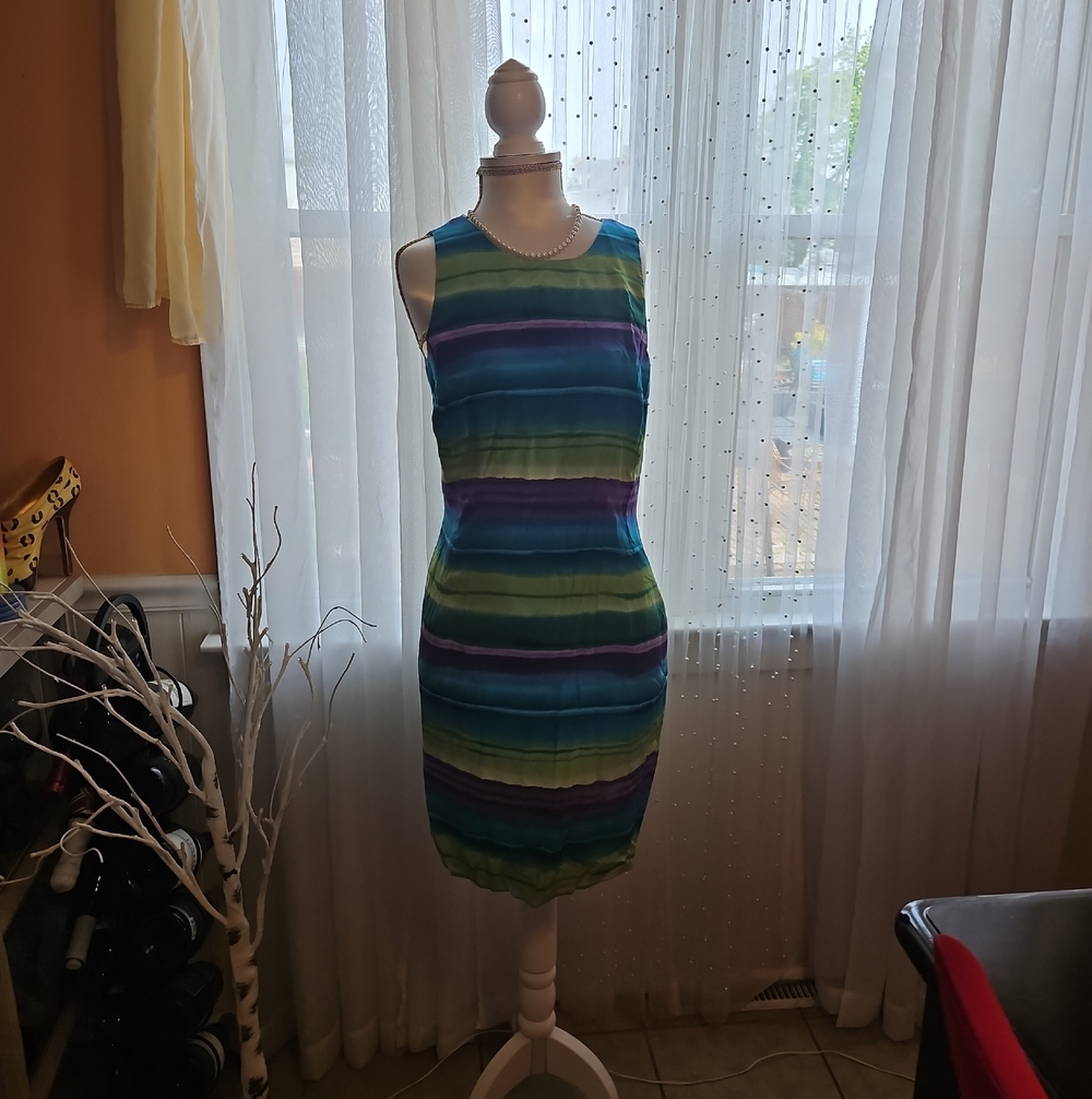 Maggy London Striped Sheath Dress in Blue, Green & Purple